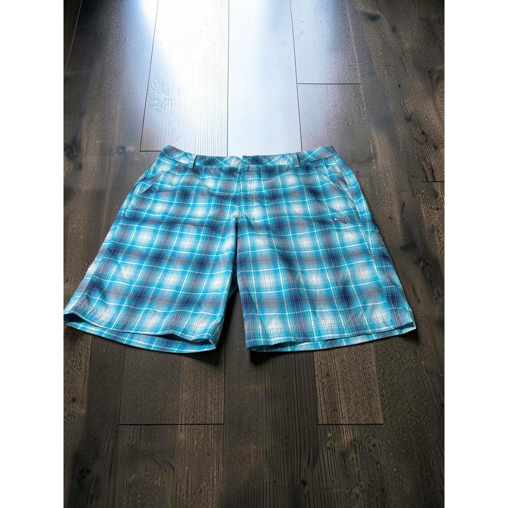 Puma Golf Shorts Mens 38 Blue Plaid DryCELL Performance Flat Front